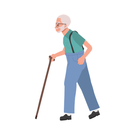 Elderly man is Walking with cane Stick Active outdoor lifestyle  Illustration