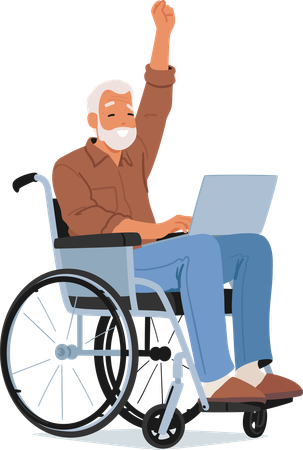 Elderly man is working on laptop while sitting on wheelchair  Illustration