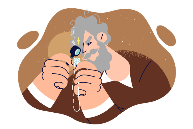 Elderly jeweler examines silver necklace through magnifying glass  Illustration