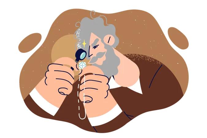 Elderly Man Jeweler Examines Silver Necklace Through Magnifying Glass To Evaluate Expensive Accessory Experienced Jeweler With Loupe Checks Gemstone In Chain For Quality And Authenticity Illustration