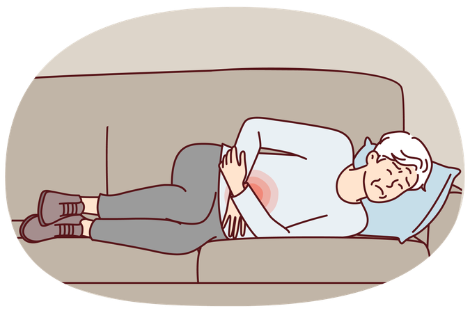 Elderly man lies on couch is experiencing pain in stomach and weakness after poisoning  Illustration
