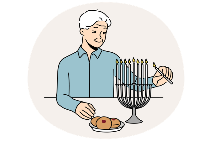 Elderly man lighting candles in menorah  Illustration
