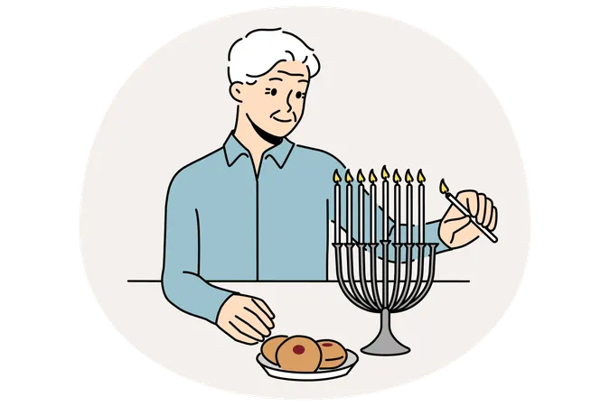 Elderly man lighting candles in menorah  Illustration