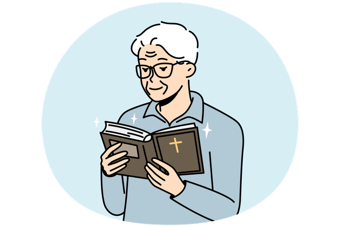 Elderly man looks into Holy Scripture, reads Bible  Illustration