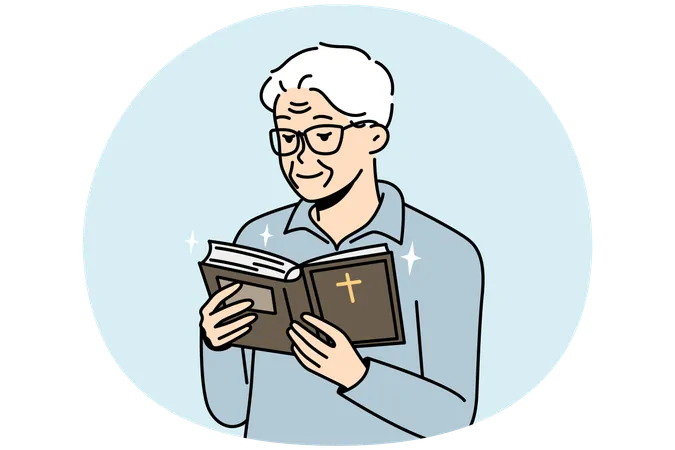 Elderly man looks into Holy Scripture, reads Bible  Illustration