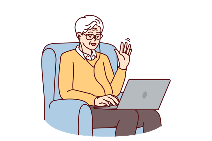 Elderly man makes video call through laptop sitting in chair and waving hand greeting interlocutor  Illustration