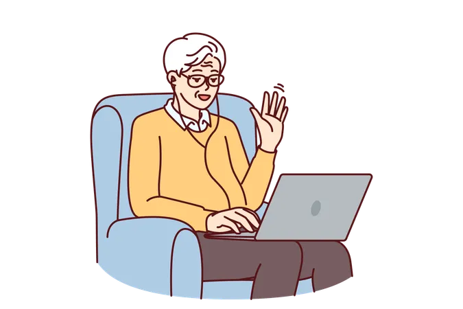 Elderly man makes video call through laptop sitting in chair and waving hand greeting interlocutor  Illustration