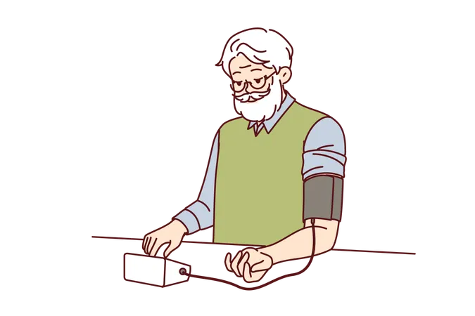 Elderly Man Measures Blood Pressure With Tonometer Tracking Health And Cardio Indicators Gray Haired Grandfather Uses Tonometer To Decide Whether To Take Pills Prescribed By Doctor Or Not Illustration