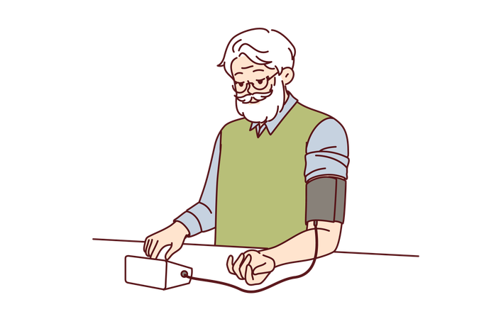 Elderly man measures blood pressure with tonometer tracking health and cardio indicators  Illustration