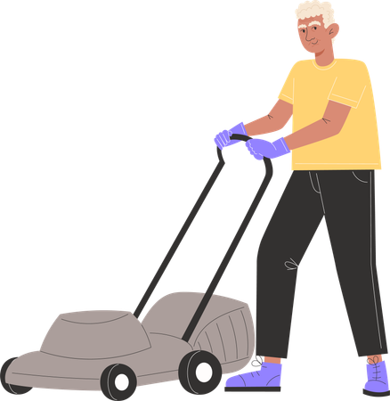 Elderly man mows lawn with a lawnmower  Illustration