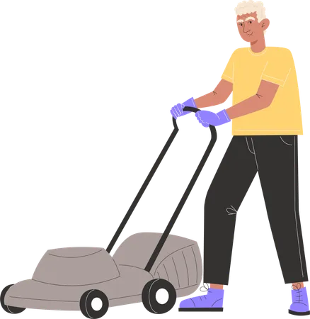 Elderly man mows lawn with a lawnmower  Illustration