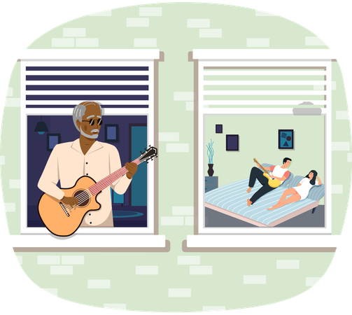 Elderly man on balcony plays guitar while other man singing  Illustration