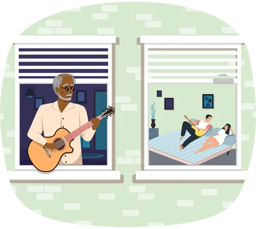 Elderly man on balcony plays guitar while other man singing  Illustration