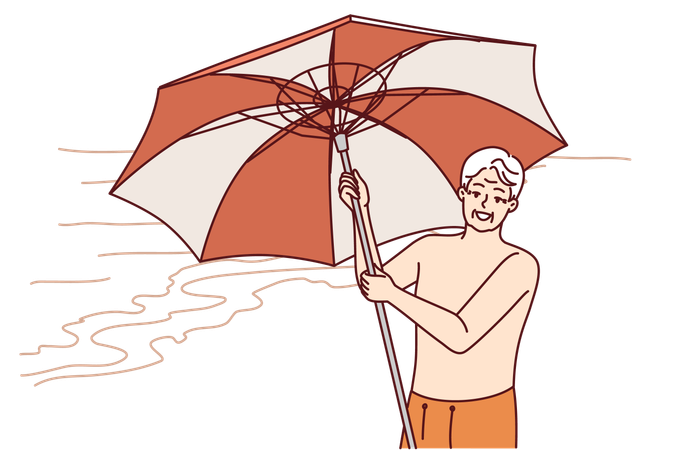 Elderly man opens beach umbrella  イラスト