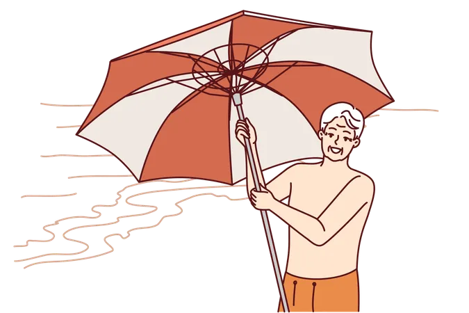 Elderly Man Stands On Beach And Holds Umbrella To Protect From Sun During Trip To Tropical Resort Pensioner Is Happy About Retirement And Travels Around Southern Islands Sunbathing On Sea Beach Illustration