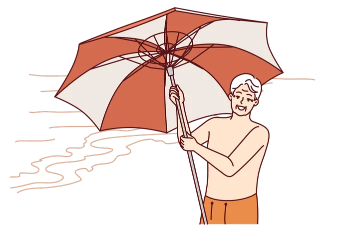 Elderly man opens beach umbrella  Illustration