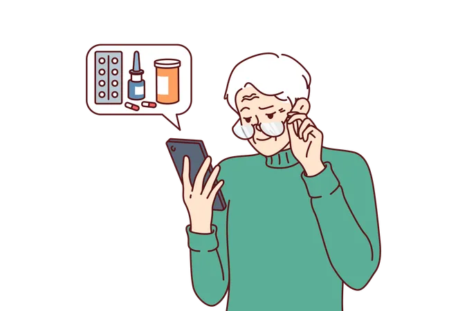 Elderly man orders medicines for home delivery using mobile phone from pharmacy application  Illustration