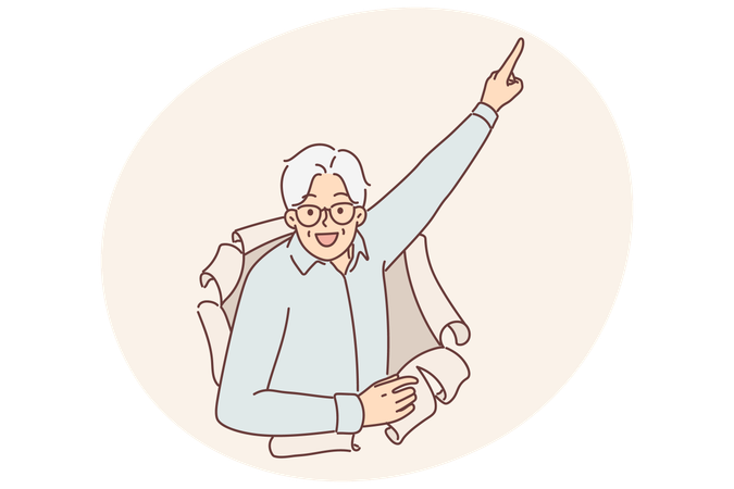 Elderly man peeks out of hole in paper and points finger upwards paying attention to promo offers  Illustration