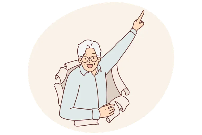 Elderly man peeks out of hole in paper and points finger upwards paying attention to promo offers  Illustration