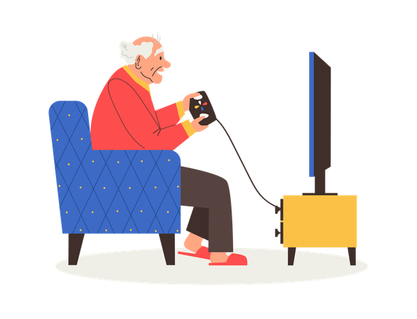 Elderly man playing games on video console  Illustration