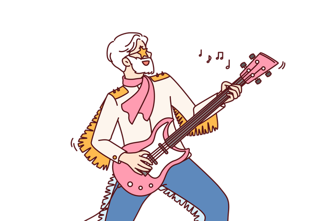 Elderly man playing music on guitar performing solo concert in front of audience at rock party  Illustration