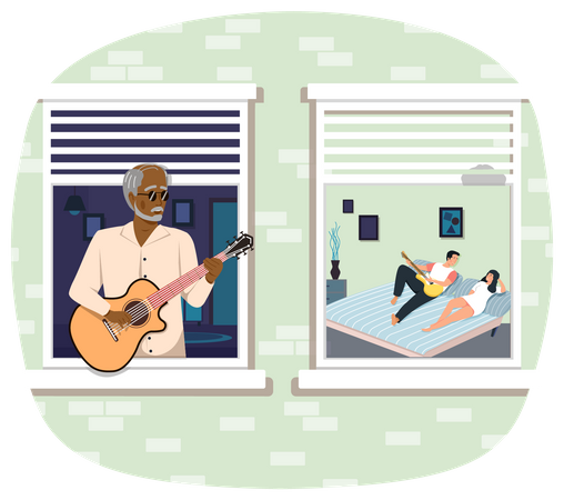 Elderly Man Plays Guitar and couple enjoying music  Illustration