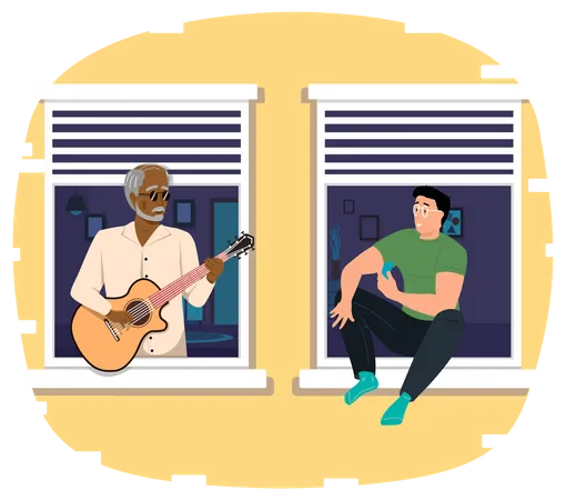 Elderly Man Plays Guitar and man listening  Illustration