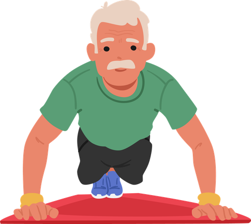 Elderly Man Practices Push-ups On Yoga Mat  Illustration