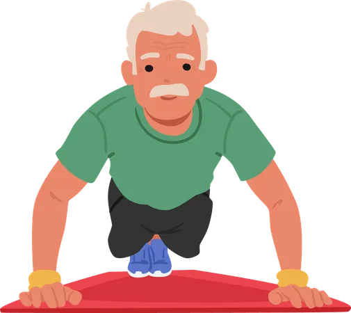 Elderly Man Practices Push-ups On Yoga Mat  Illustration