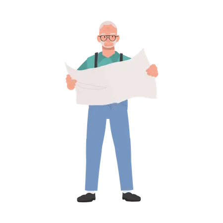 Elderly man Reading Newspaper  Illustration