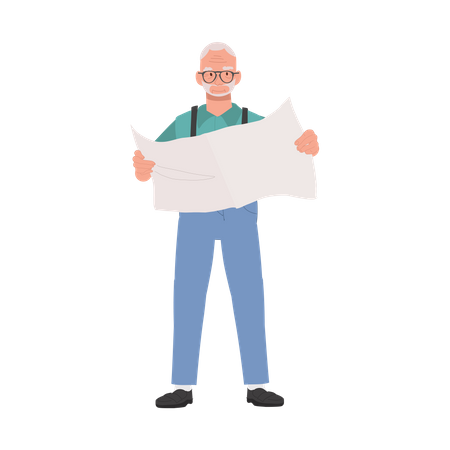 Elderly man Reading Newspaper  Illustration