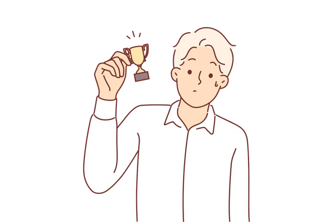 Man With Small Cup For Minor Achievement Feels Displaced And Awkward After Receiving Consolation Prize Loser Guy Demonstrates Miniature Golden Trophy Symbolizing Fraud In Prize Draw Illustration