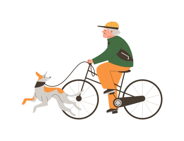 Elderly man riding bicycle with dog on leash  Illustration