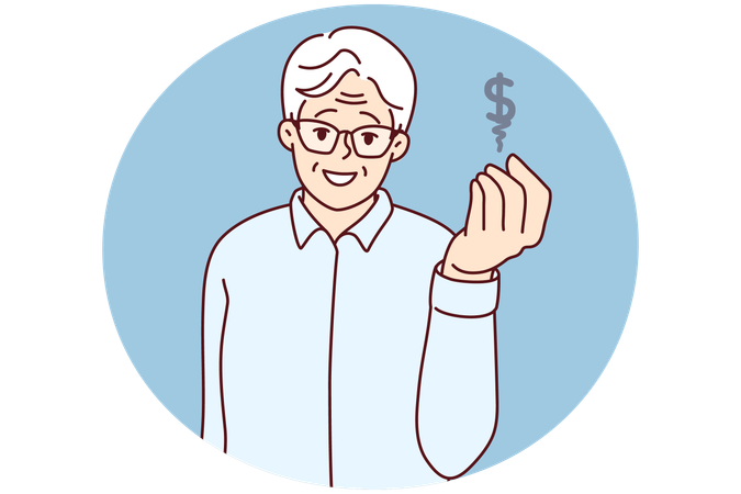 将来のためにお金を貯めるドルマークを見せる高齢男性  イラスト
