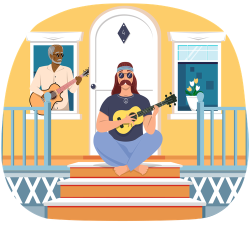 Elderly man sings on doorstep of house  Illustration