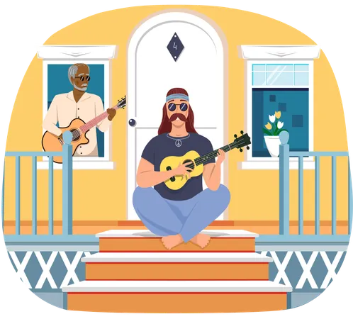 Elderly man sings on doorstep of house  Illustration