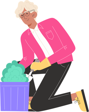 Elderly man sits and plants flowers in pots  Illustration