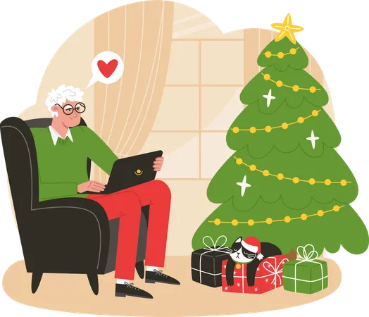 Elderly man sits in a armchair near Christmas tree and communicate with relatives on a laptop  Illustration