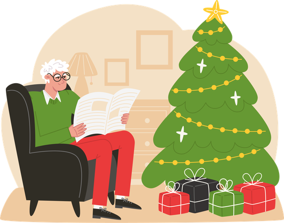 Elderly man sits in a armchair near Christmas tree and reads a newspaper  Illustration
