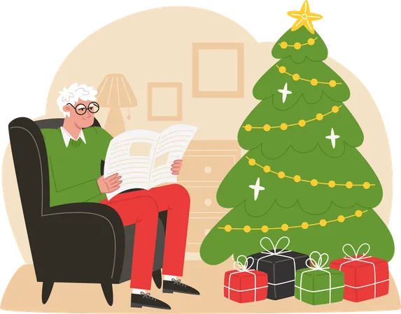 Elderly man sits in a armchair near Christmas tree and reads a newspaper  Illustration