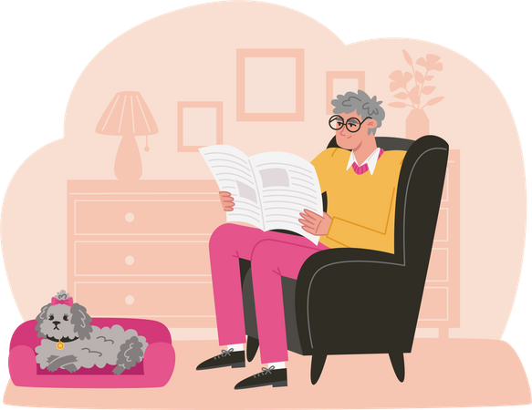 Elderly man sits in comfortable chair and reads newspaper  Illustration