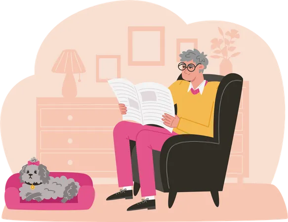 Elderly man sits in comfortable chair and reads newspaper  Illustration