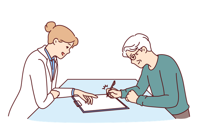 Elderly man sits near doctor filling out questionnaire for insurance  Illustration