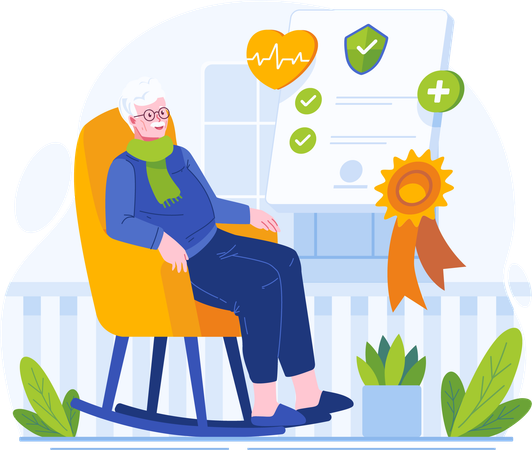 Elderly Man Sitting in a Rocking Chair is cheerful and confident because he has insurance  Illustration