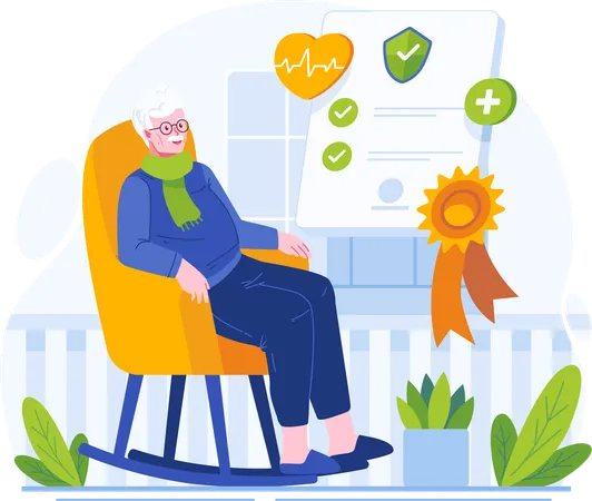 Elderly Man Sitting in a Rocking Chair is cheerful and confident because he has insurance  Illustration