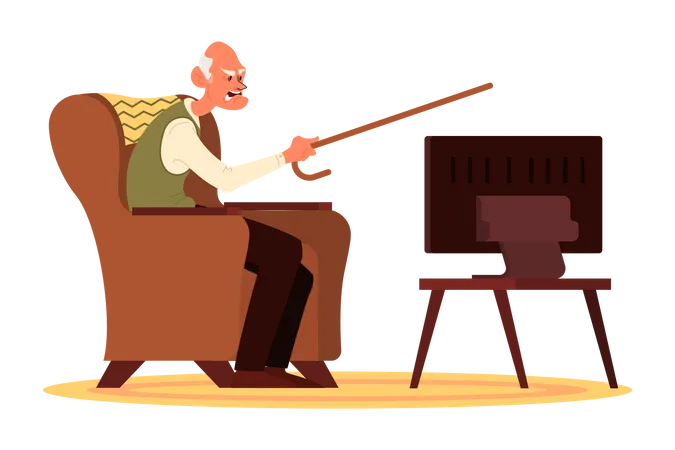 Elderly man sitting on armchair and watching TV Illustration