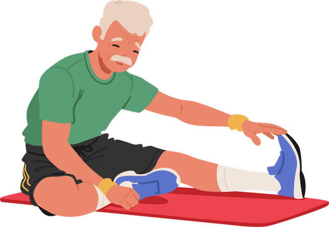 Elderly Man Sitting On Yoga Mat Stretching His Legs  Illustration