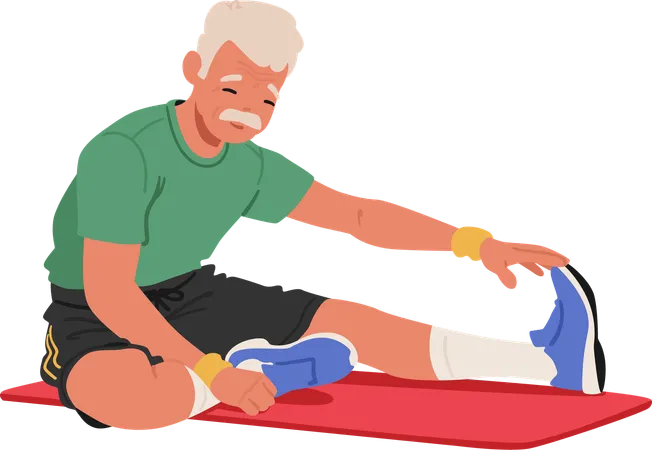 Elderly Man Sitting On Yoga Mat Stretching His Legs  Illustration