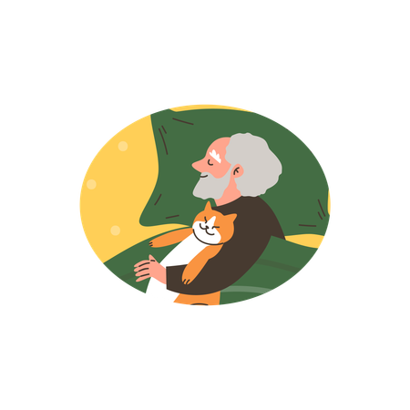 Elderly man sleeping under blanket on bed and hugging cat  Illustration