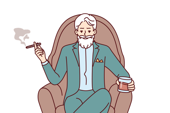 Elderly man smokes cigarette  Illustration